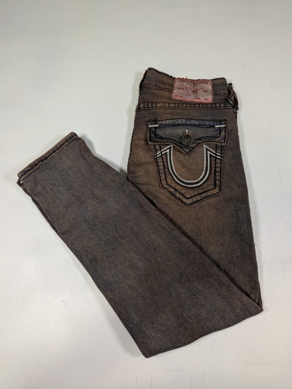 True Religion Rocco Relaxed Skinny Jeans 34 Custom Hand-Dyed Rust Brown Denim